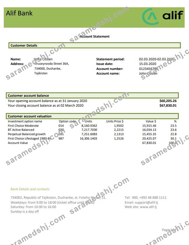 Tajikistan Alif Bank statement